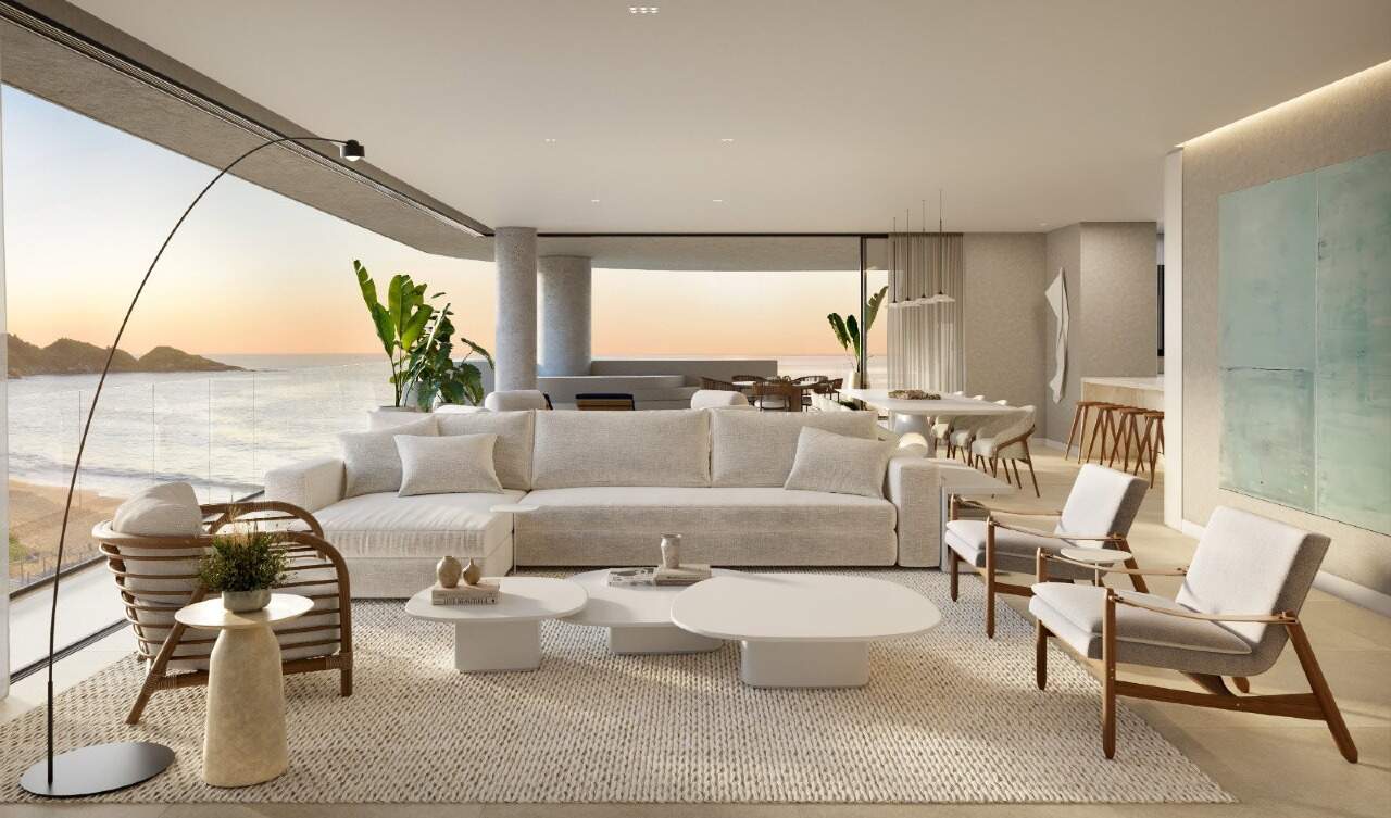 Apartamento à venda no Praia do Estaleiro: Living com esquadrias piso teto e vista para o mar (imagem ilustrativa)