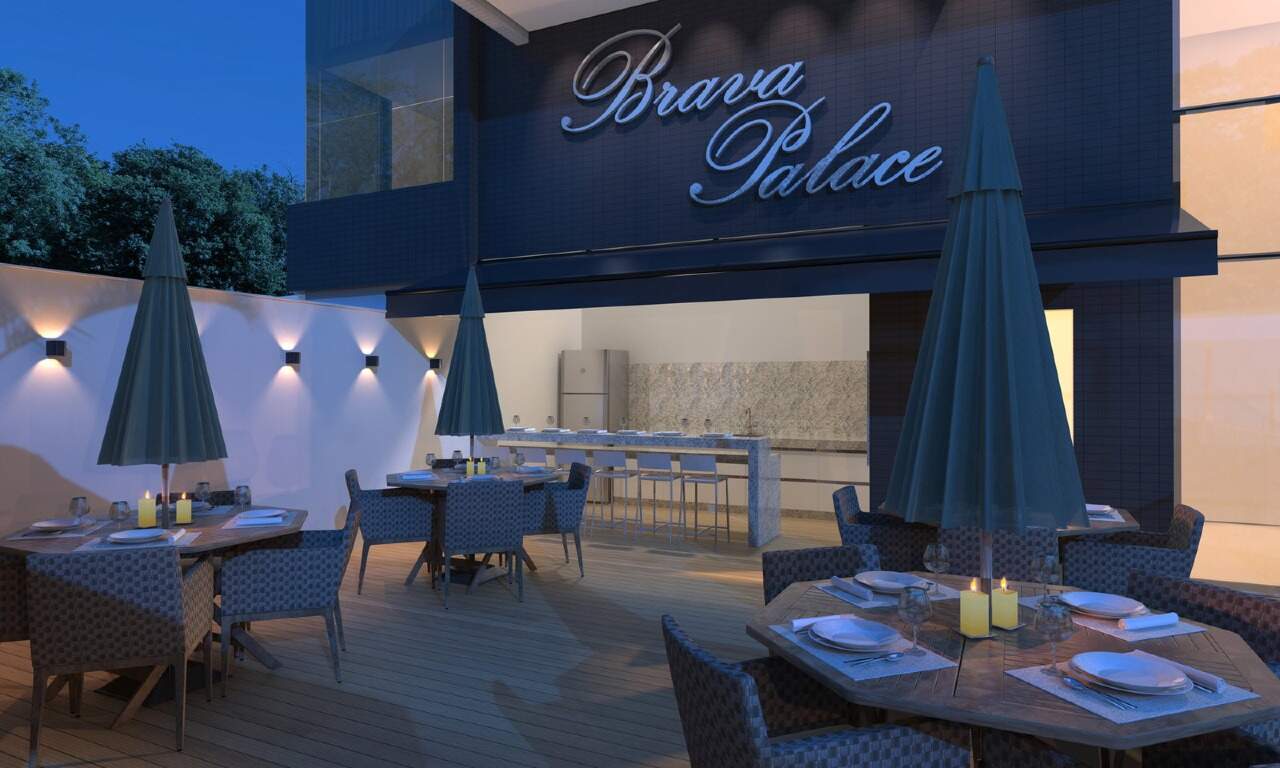Cobertura à venda no Praia Brava: Espaço gourmet com o letreiro do prédio (imagem ilustrativa)