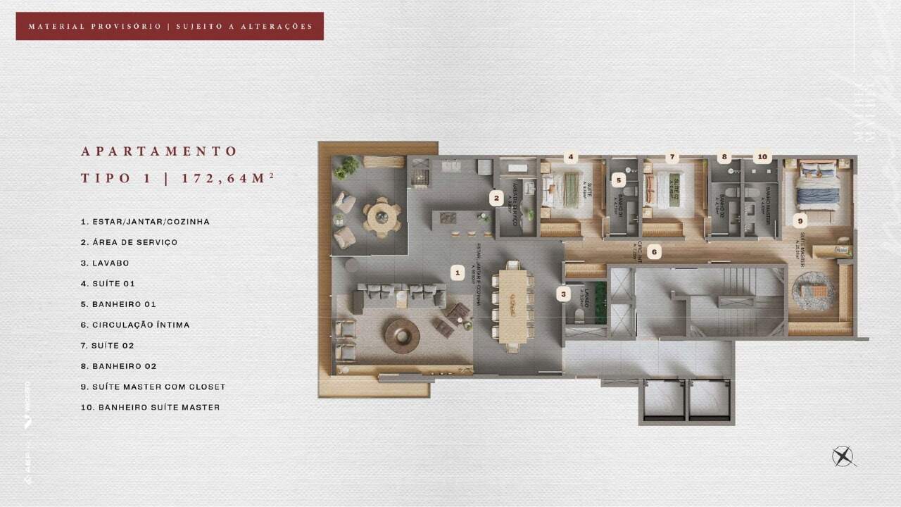 Apartamento à venda no Praia Brava: Planta do apartamento de 3 suítes com 172,64 m² (imagem ilustrativa)
