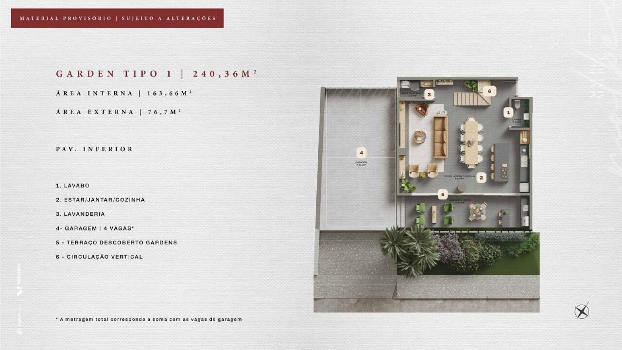 Apartamento à venda no Praia Brava: Planta do garden, pavimento inferior com terraço (imagem ilustrativa)