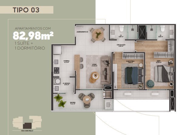 Apartamento à venda no Fazendinha: Planta do apartamento de 2 dormitórios com 82,98 m² (imagem ilustrativa)