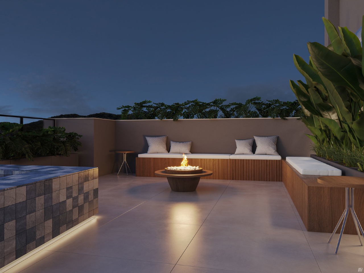 Apartamento à venda no Fazendinha: Fire place com sofás e jacuzzi (imagem ilustrativa)