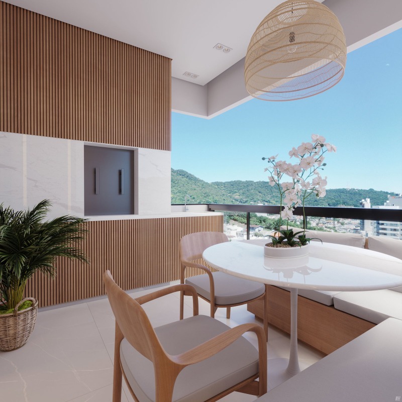 Apartamento à venda no Fazendinha: Sacada com mesa e vista dos morros (imagem ilustrativa)