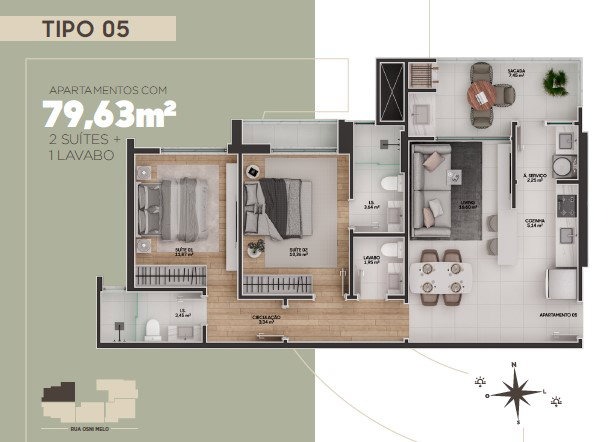 Apartamento à venda no Fazendinha: Planta do apartamento de 2 suítes com 79,63 m² (imagem ilustrativa)