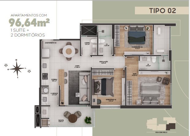 Apartamento à venda no Fazendinha: Planta do apartamento de 3 dormitórios com 96,64 m² (imagem ilustrativa)