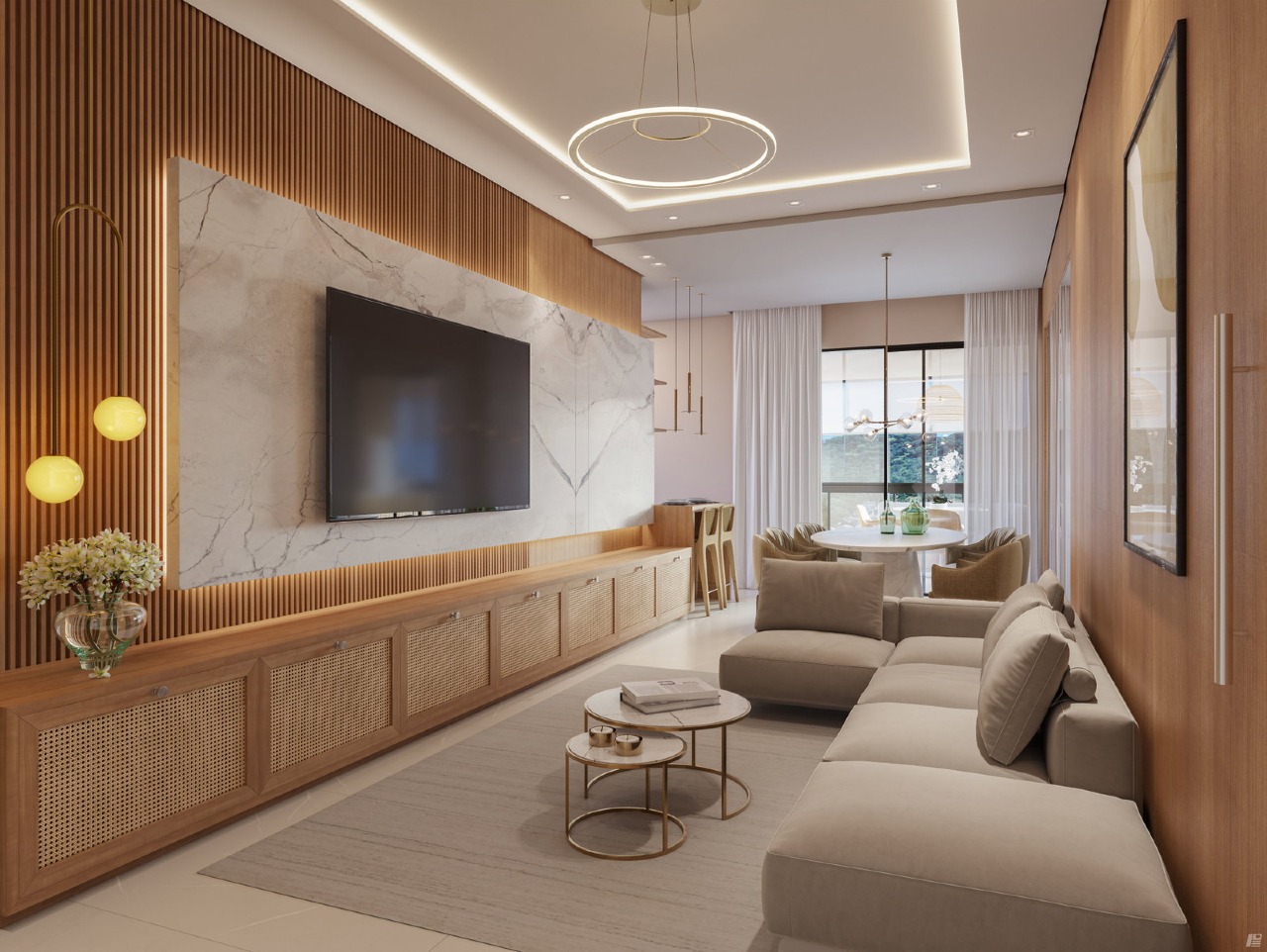 Apartamento à venda no Fazendinha: Living decorado com painel de TV e sofá (imagem ilustrativa)
