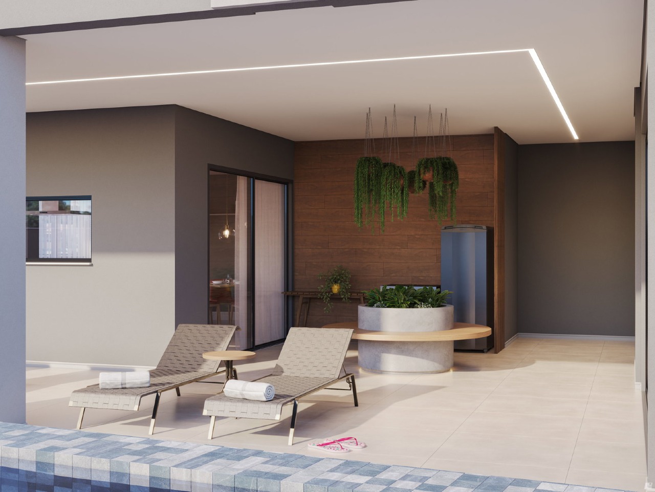 Apartamento à venda no Fazendinha: Deck da piscina com espreguiçadeiras (imagem ilustrativa)