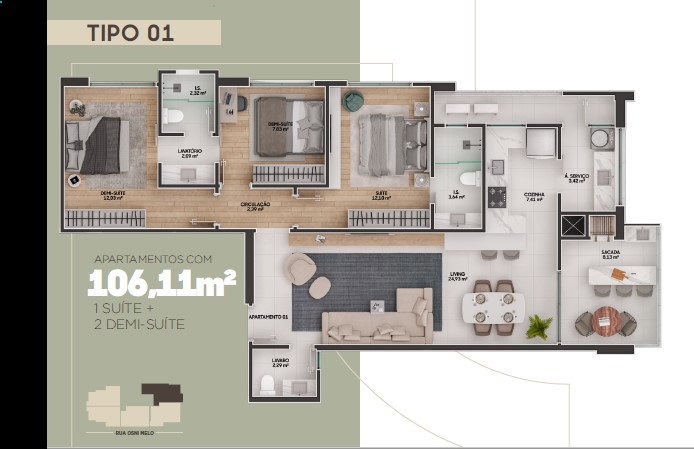 Apartamento à venda no Fazendinha: Planta do apartamento de 3 dormitórios com 106,11 m² (imagem ilustrativa)