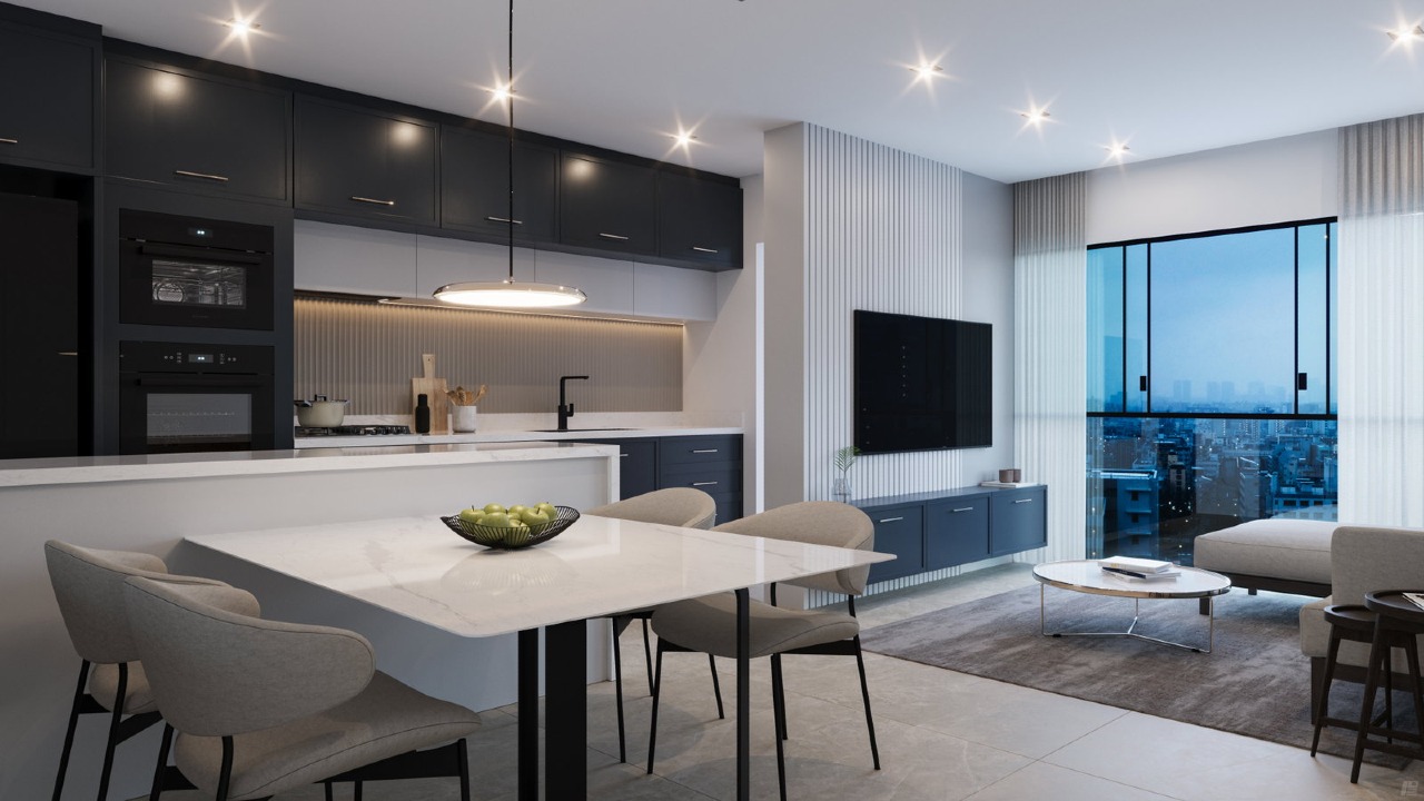 Apartamento à venda no Centro: Living integrado à cozinha (imagem ilustrativa)
