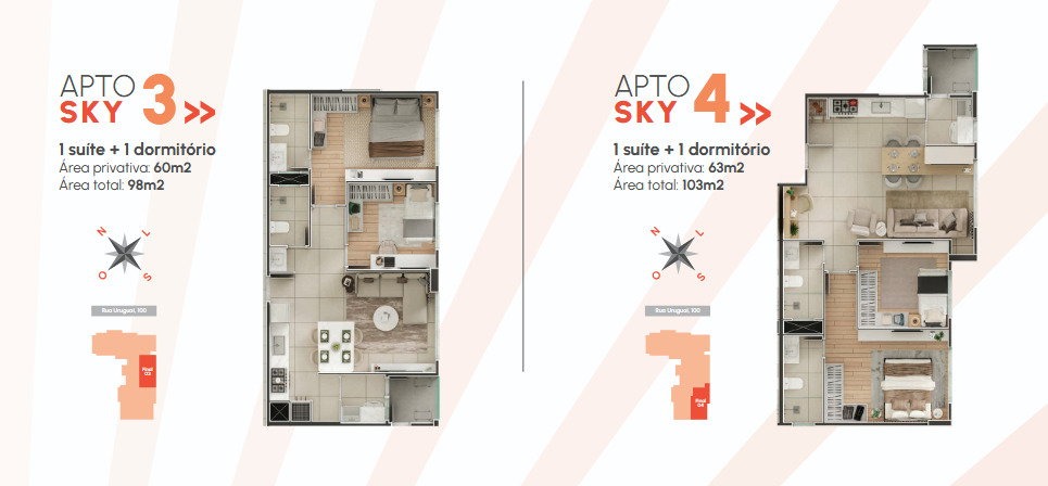 Apartamento à venda no Centro: Planta do apartamento de 2 dormitórios com suíte e 60 m² (imagem ilustrativa)