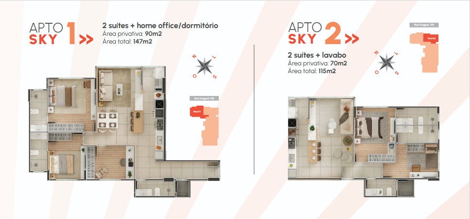 Apartamento à venda no Centro: Planta do apartamento de 2 suítes e home office com 90 m² (imagem ilustrativa)