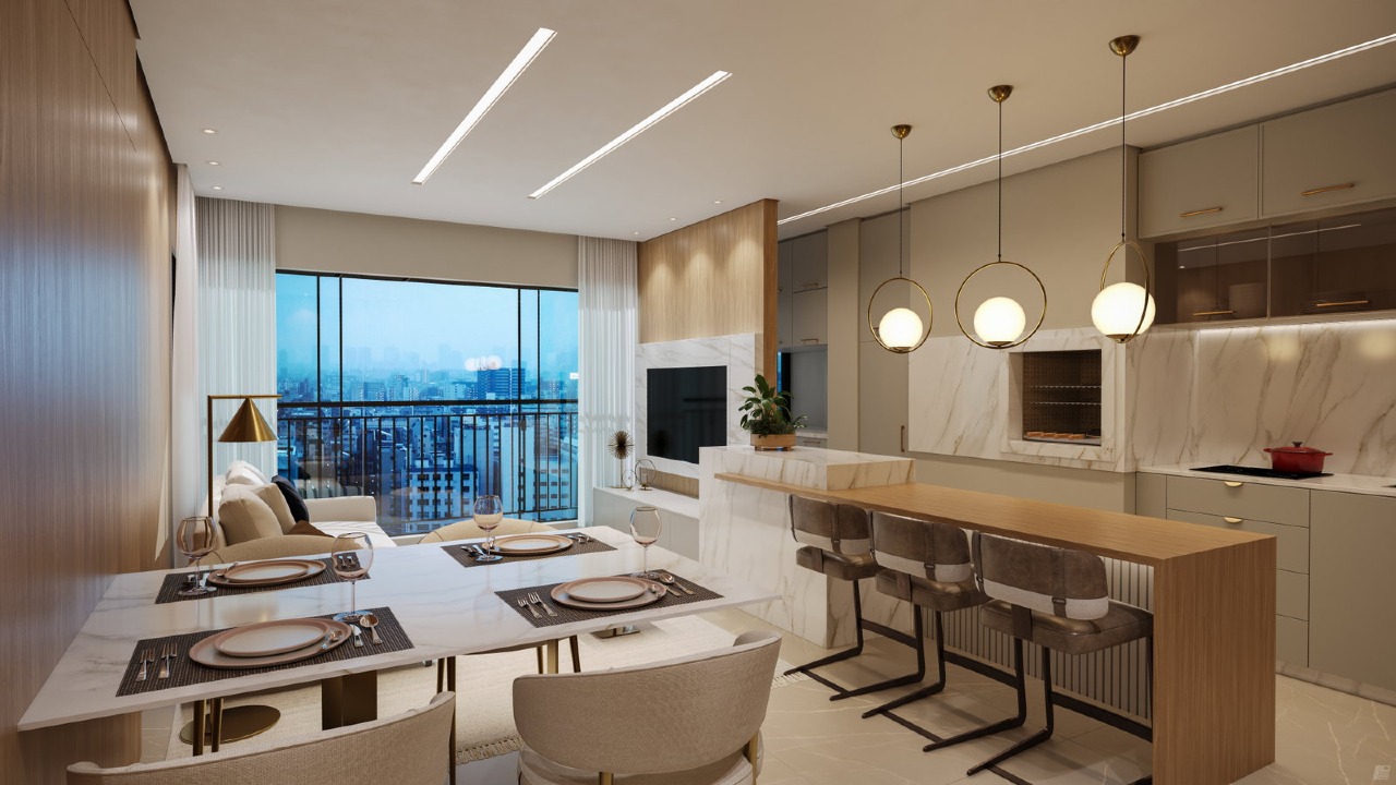 Apartamento à venda no Centro: Living decorado com cozinha integrada (imagem ilustrativa)