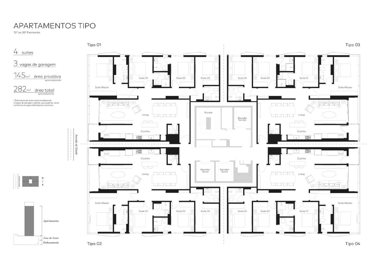 Apartamento à venda no Pioneiros: Planta do pavimento tipo com os apartamentos de 4 suítes (imagem ilustrativa)