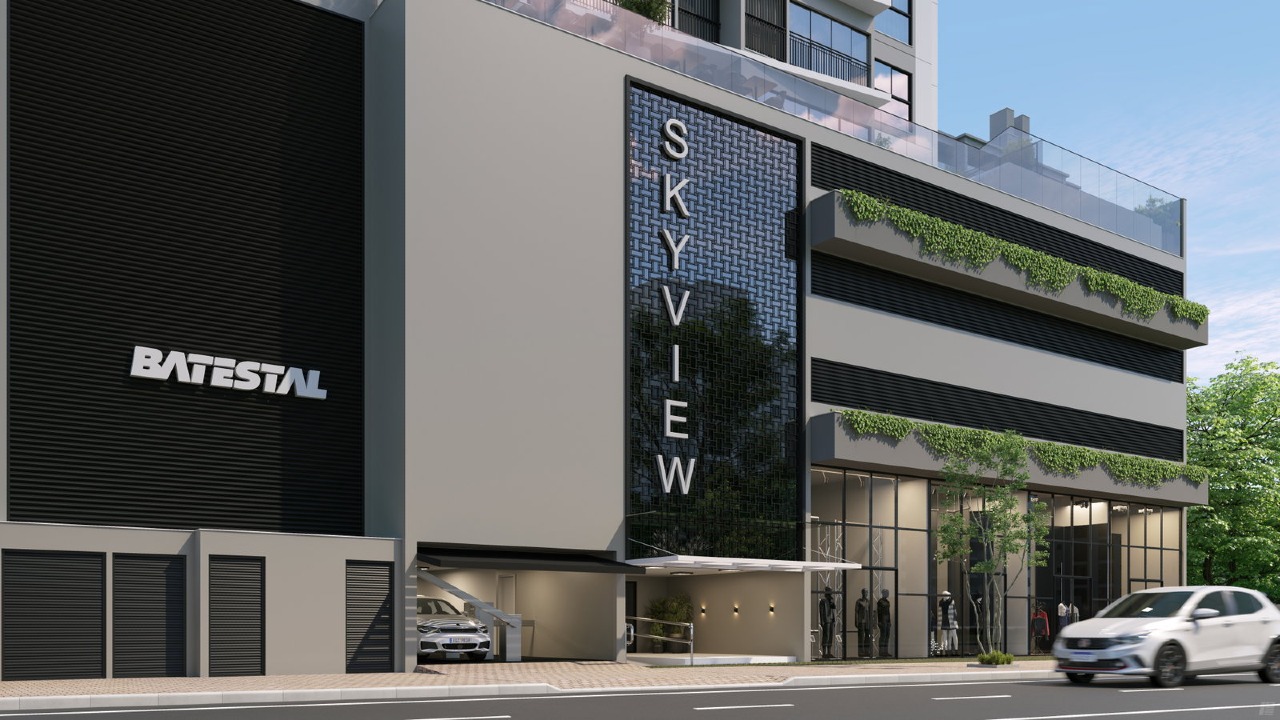 Apartamento à venda no Centro: Fachada do Skyview com entrada social e garagem (imagem ilustrativa)