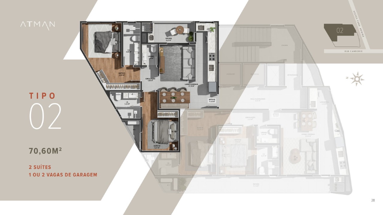 Apartamento à venda no Centro: Planta do apartamento de 70,60 m² com 2 suítes (imagem ilustrativa)