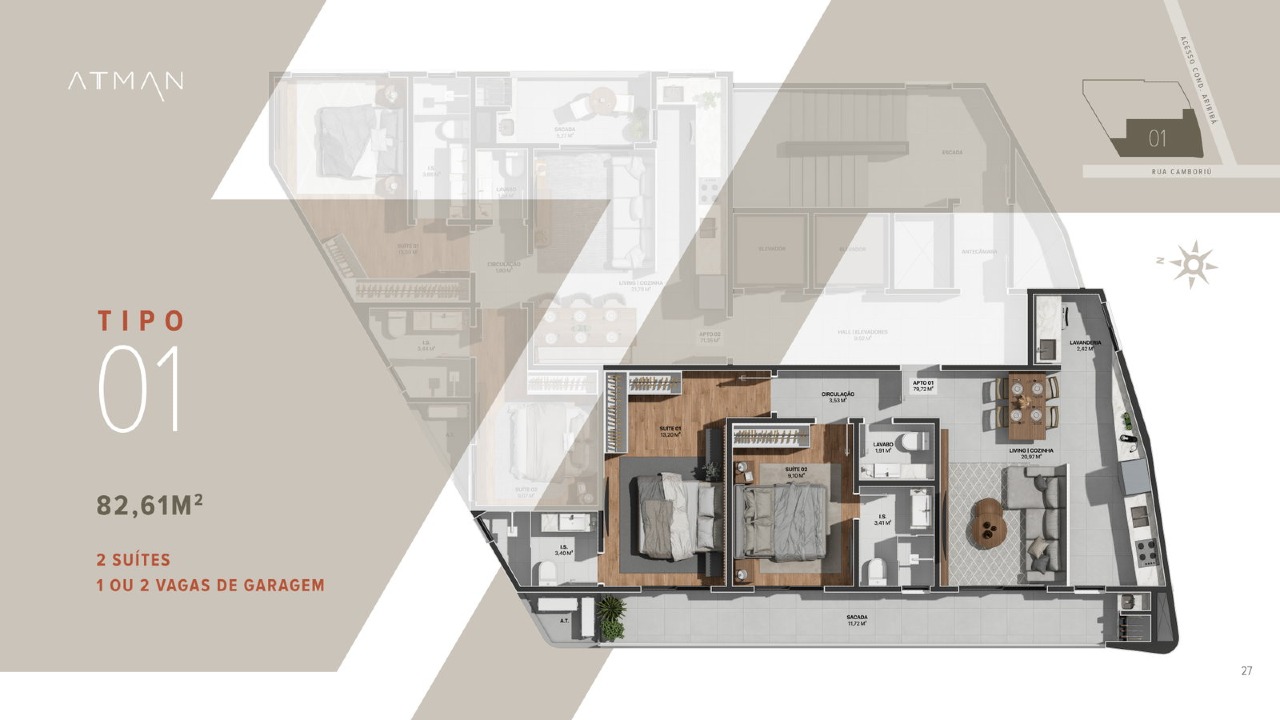 Apartamento à venda no Centro: Planta do apartamento de 82,61 m² com 2 suítes (imagem ilustrativa)
