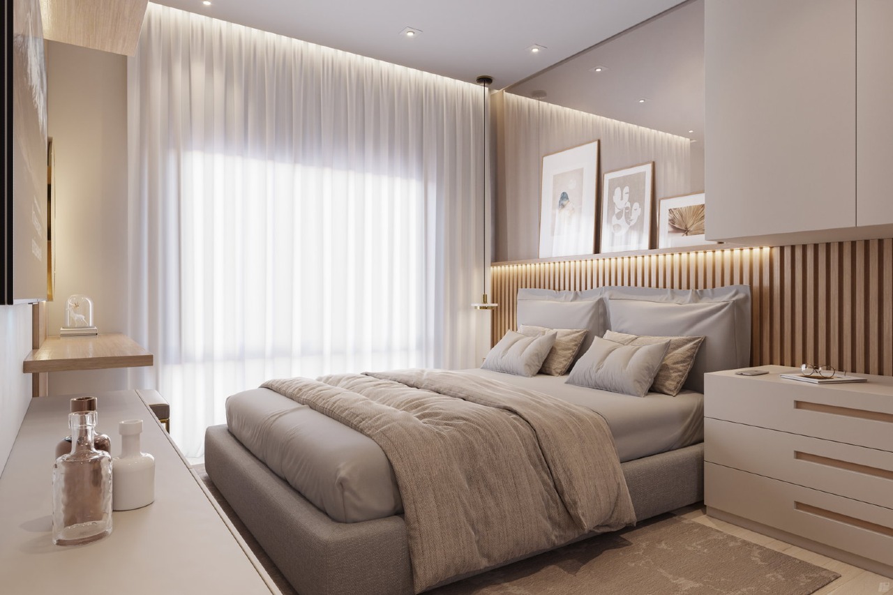 Apartamento à venda no Centro: Suíte decorada com cama de casal (imagem ilustrativa)