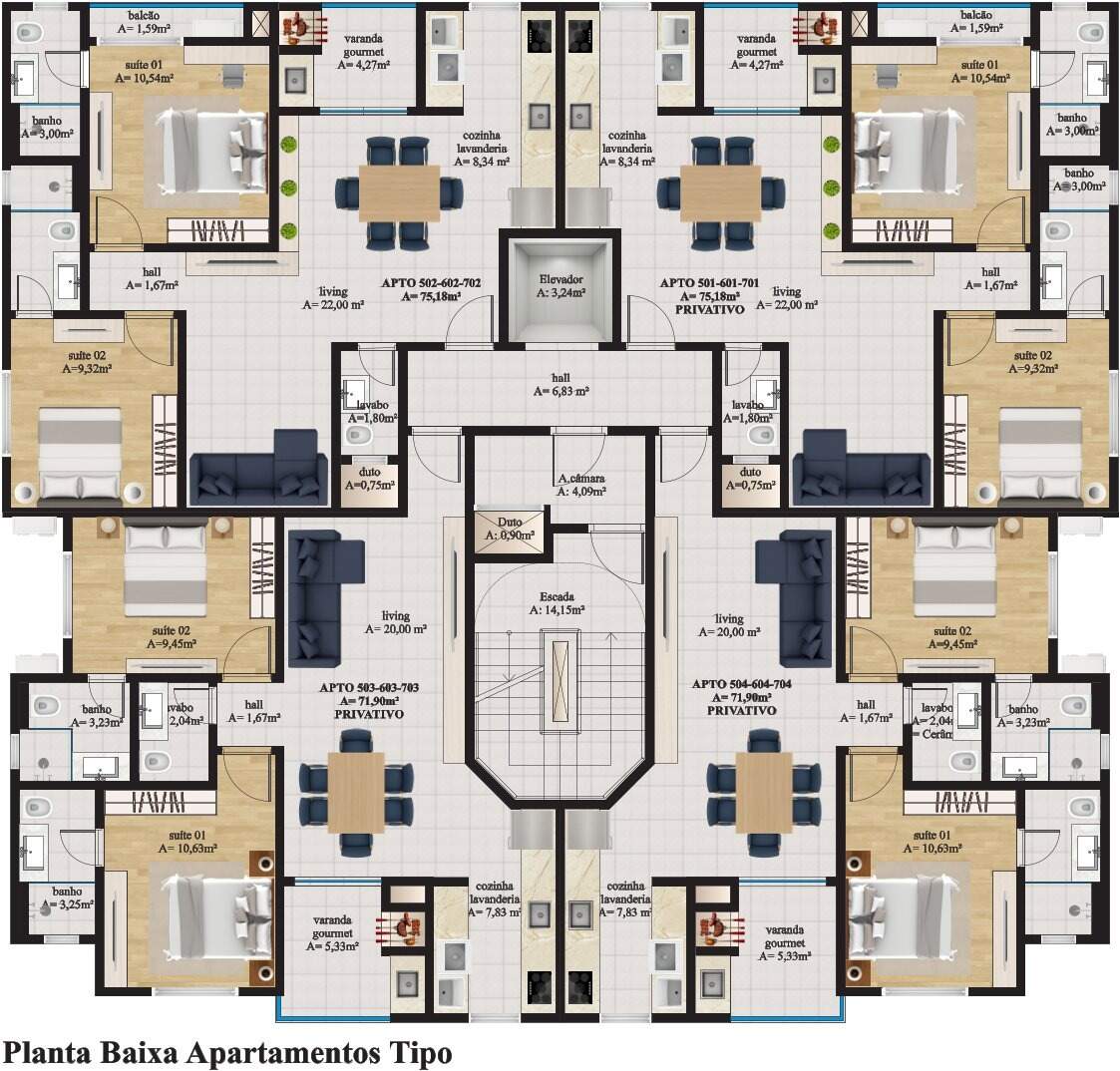 Apartamento à venda no Centro: Planta humanizada do apartamento de 71,90 m² com 2 suítes (imagem ilustrativa)
