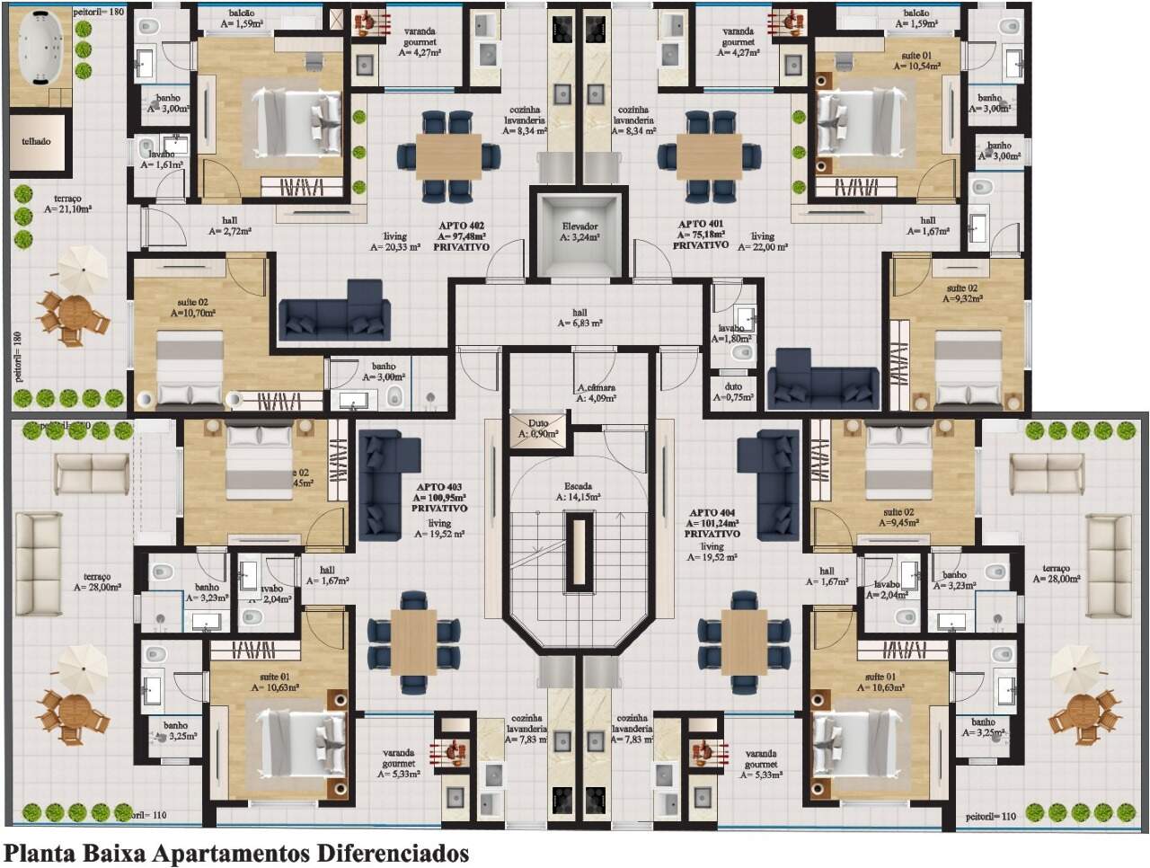 Apartamento à venda no Centro: Planta humanizada do apartamento de 100,95 m² com terraço (imagem ilustrativa)