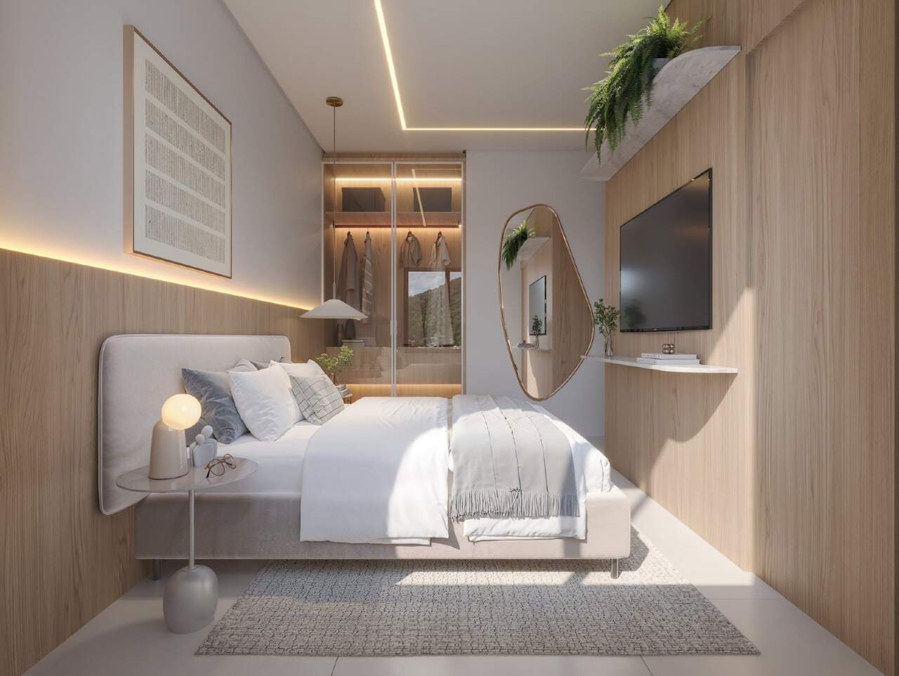 Apartamento à venda no Fazenda: Suíte com painel de madeira (imagem ilustrativa)