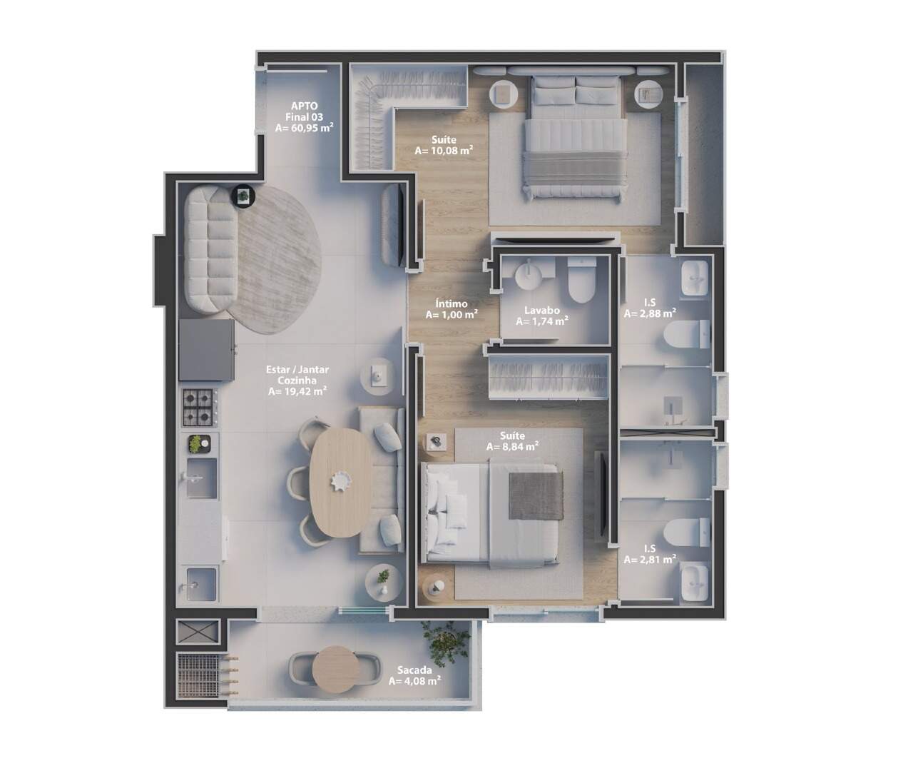 Apartamento à venda no Fazenda: Planta do apartamento de 2 suítes com lavabo (imagem ilustrativa)