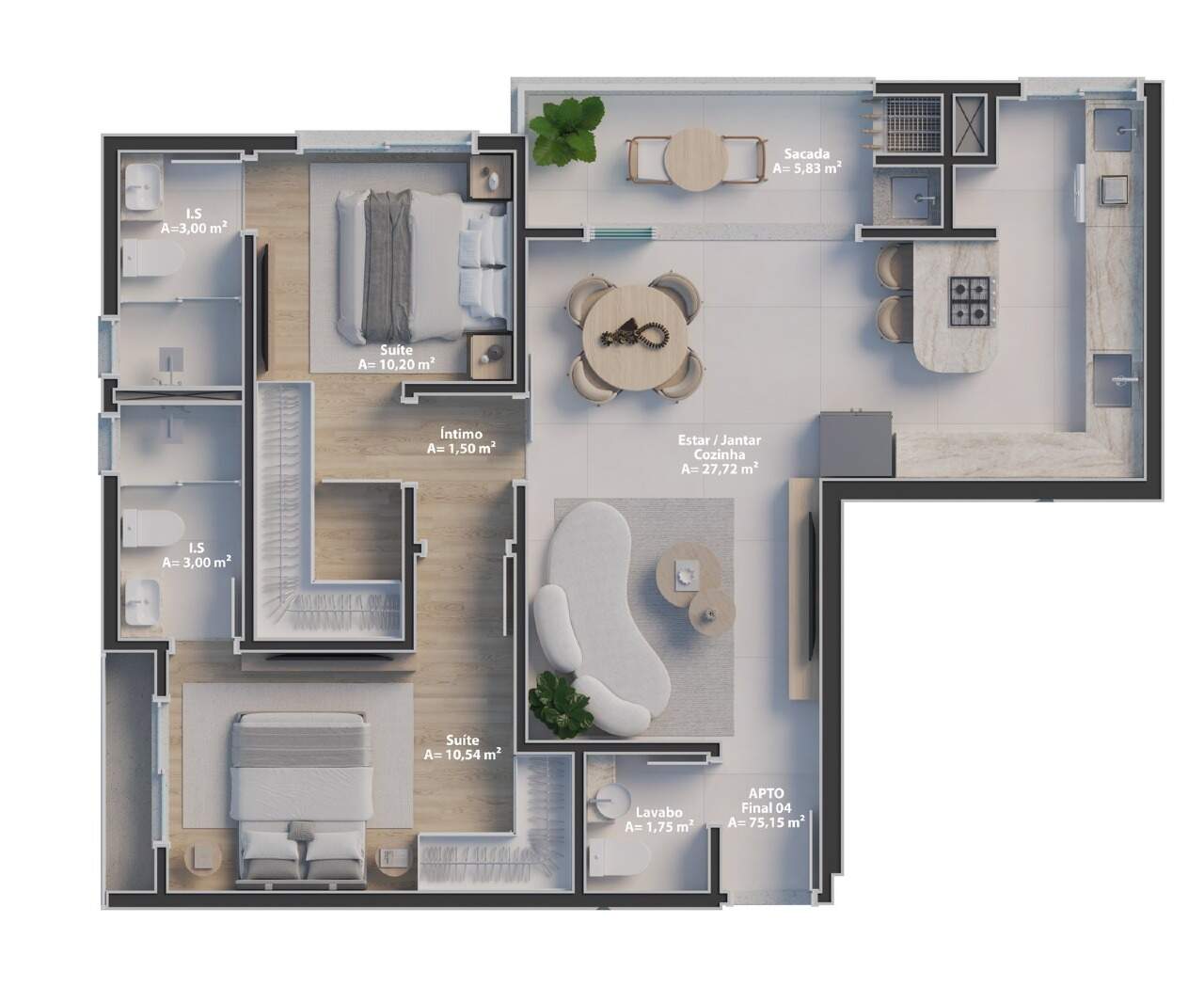 Apartamento à venda no Fazenda: Planta do apartamento de 75,15 m² com 2 suítes (imagem ilustrativa)