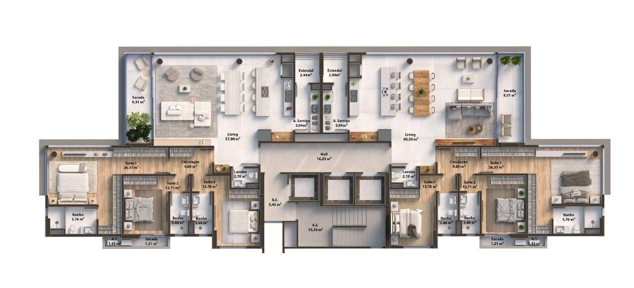 Apartamento à venda no Praia Brava: Planta do pavimento tipo com os apartamentos de 3 suítes (imagem ilustrativa)