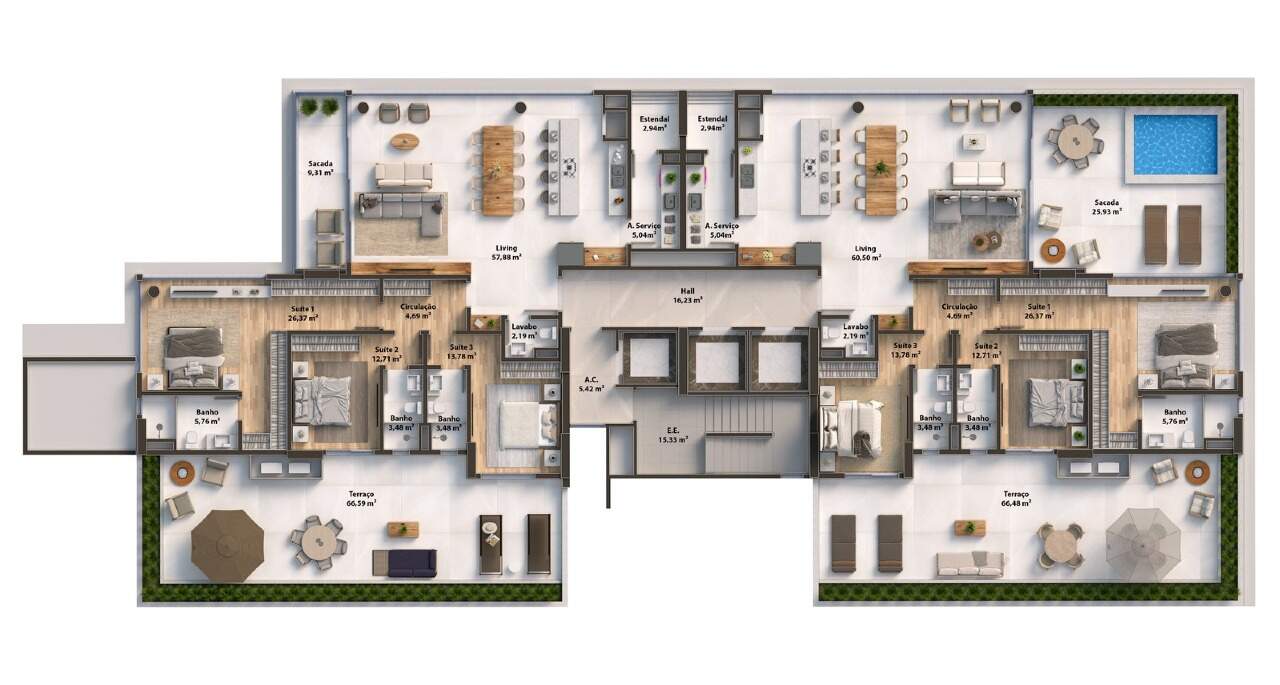 Apartamento à venda no Praia Brava: Planta do pavimento diferenciado com terraços (imagem ilustrativa)
