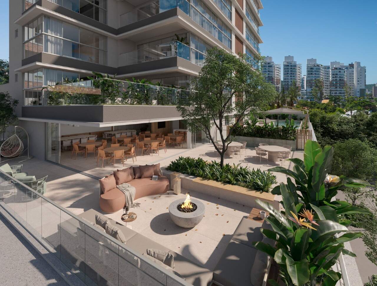 Apartamento à venda no Praia Brava: Lounge externo com lareira (imagem ilustrativa)