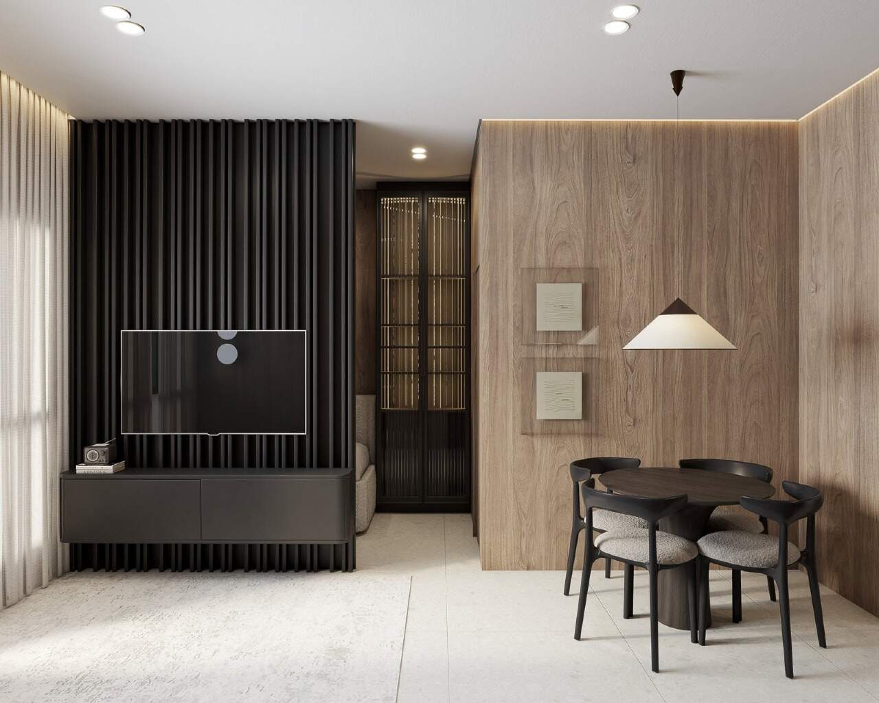 Apartamento à venda no Centro: Living com painel de TV e mesa de jantar (imagem ilustrativa)