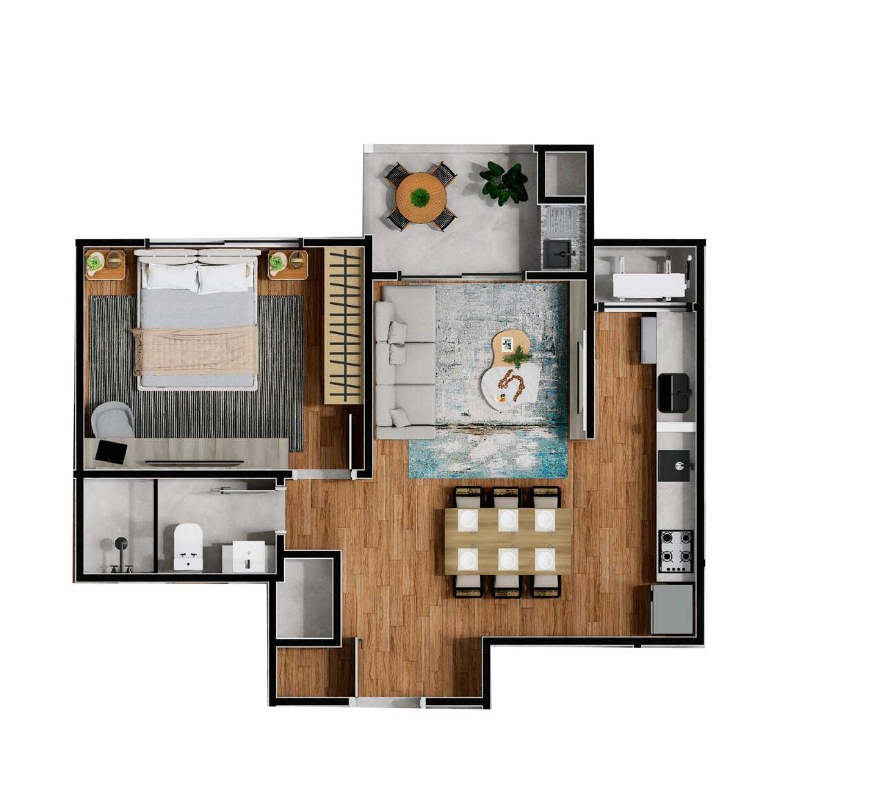 Apartamento à venda no Centro: Planta do apartamento de 1 dormitório com 44,06 m² (imagem ilustrativa)