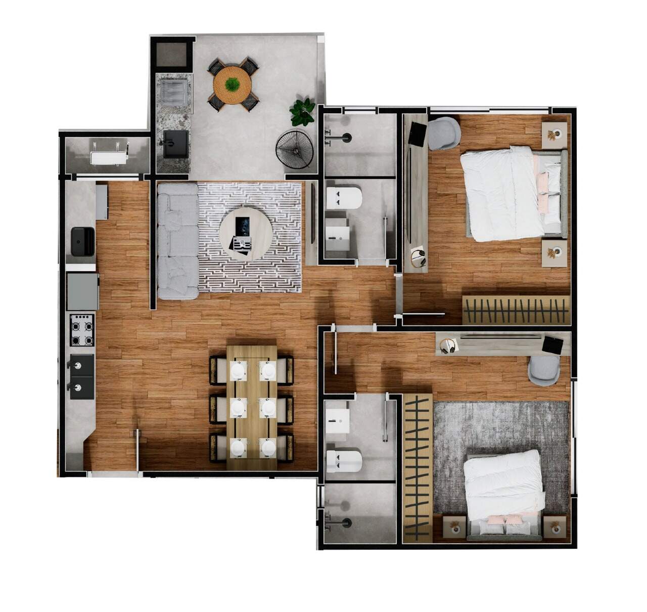 Apartamento à venda no Centro: Planta do apartamento de 2 dormitórios com 62,29 m² (imagem ilustrativa)