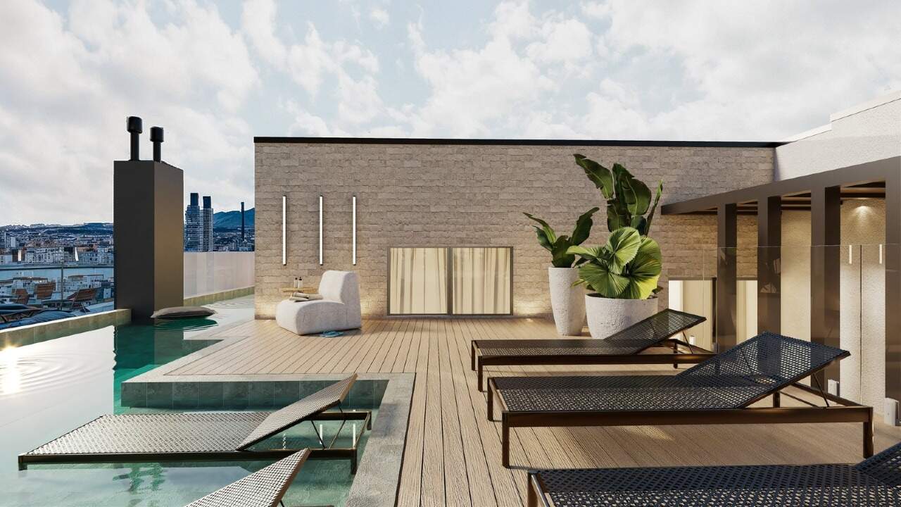 Apartamento à venda no Centro: Deck da piscina no rooftop (imagem ilustrativa)