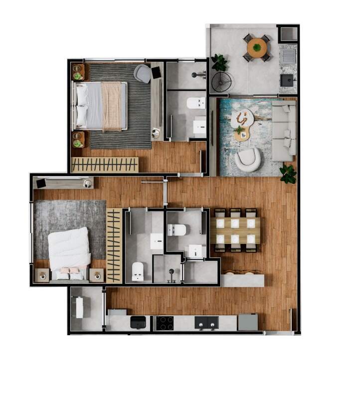Apartamento à venda no Centro: Planta do apartamento de 2 suítes com 72,30 m² (imagem ilustrativa)