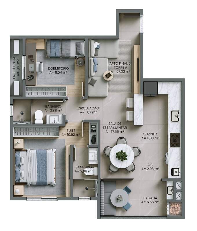 Apartamento à venda no Fazendinha: Planta do apartamento de 2 dormitórios com suíte e 67,32 m² (imagem ilustrativa)