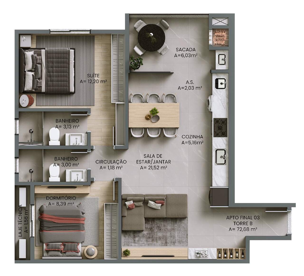 Apartamento à venda no Fazendinha: Planta do apartamento de 2 dormitórios com suíte e 72,68 m² (imagem ilustrativa)