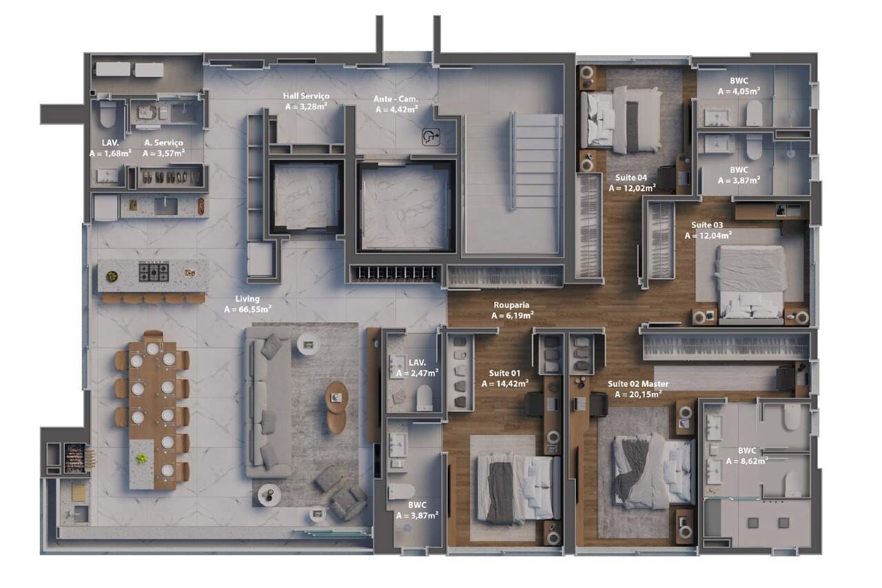 Apartamento à venda no Centro: Planta do apartamento de 4 suítes com 190,91 m² (imagem ilustrativa)