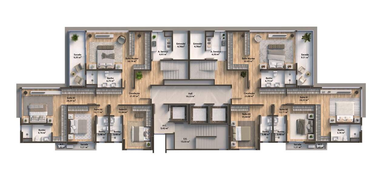 Cobertura à venda no Praia Brava: Planta do piso inferior da cobertura duplex, com as 4 suítes (imagem ilustrativa)