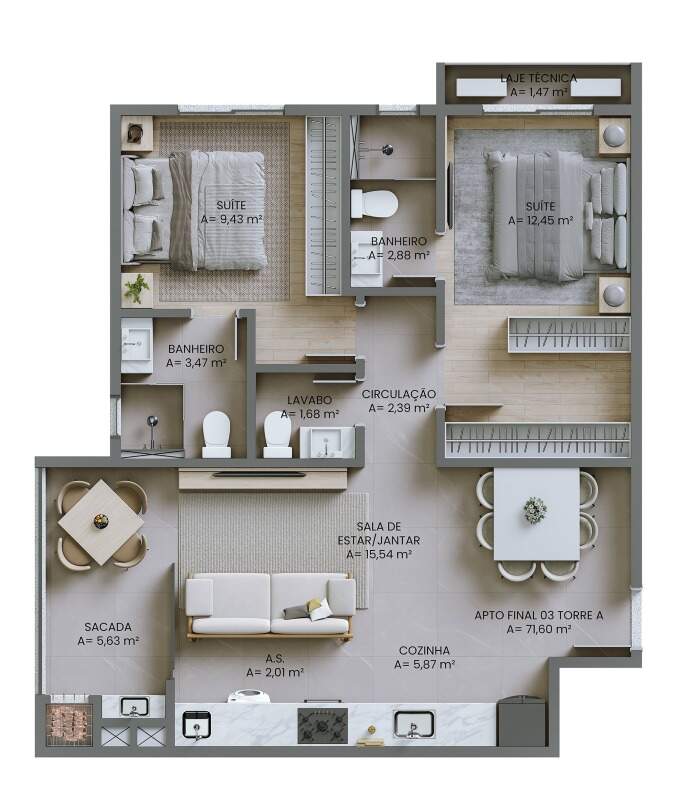 Apartamento à venda no Fazendinha: Planta do apartamento de 2 suítes e lavabo com 71,60 m² (imagem ilustrativa)