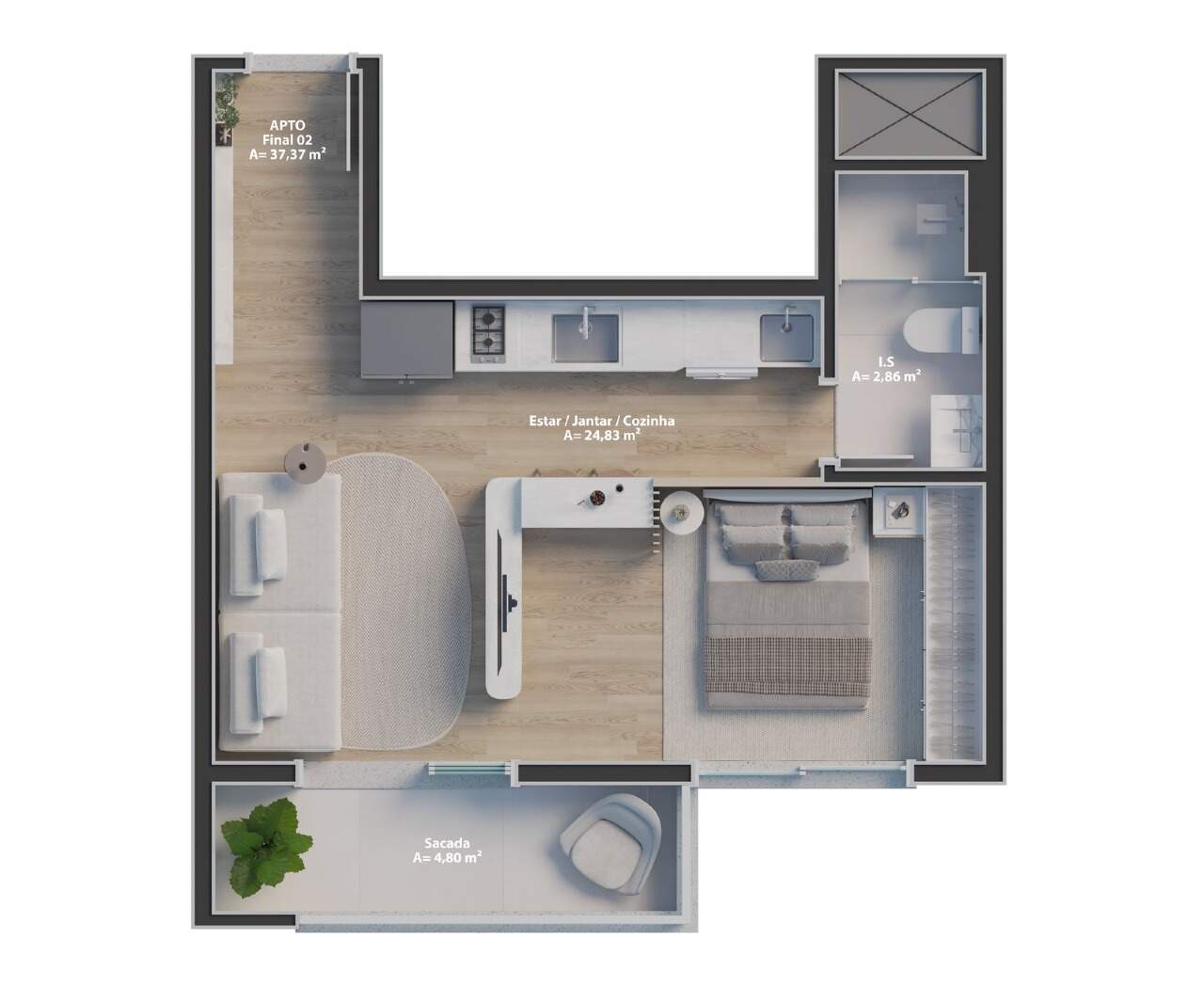 Apartamento à venda no Fazenda: Planta do studio de 37,37 m² (imagem ilustrativa)