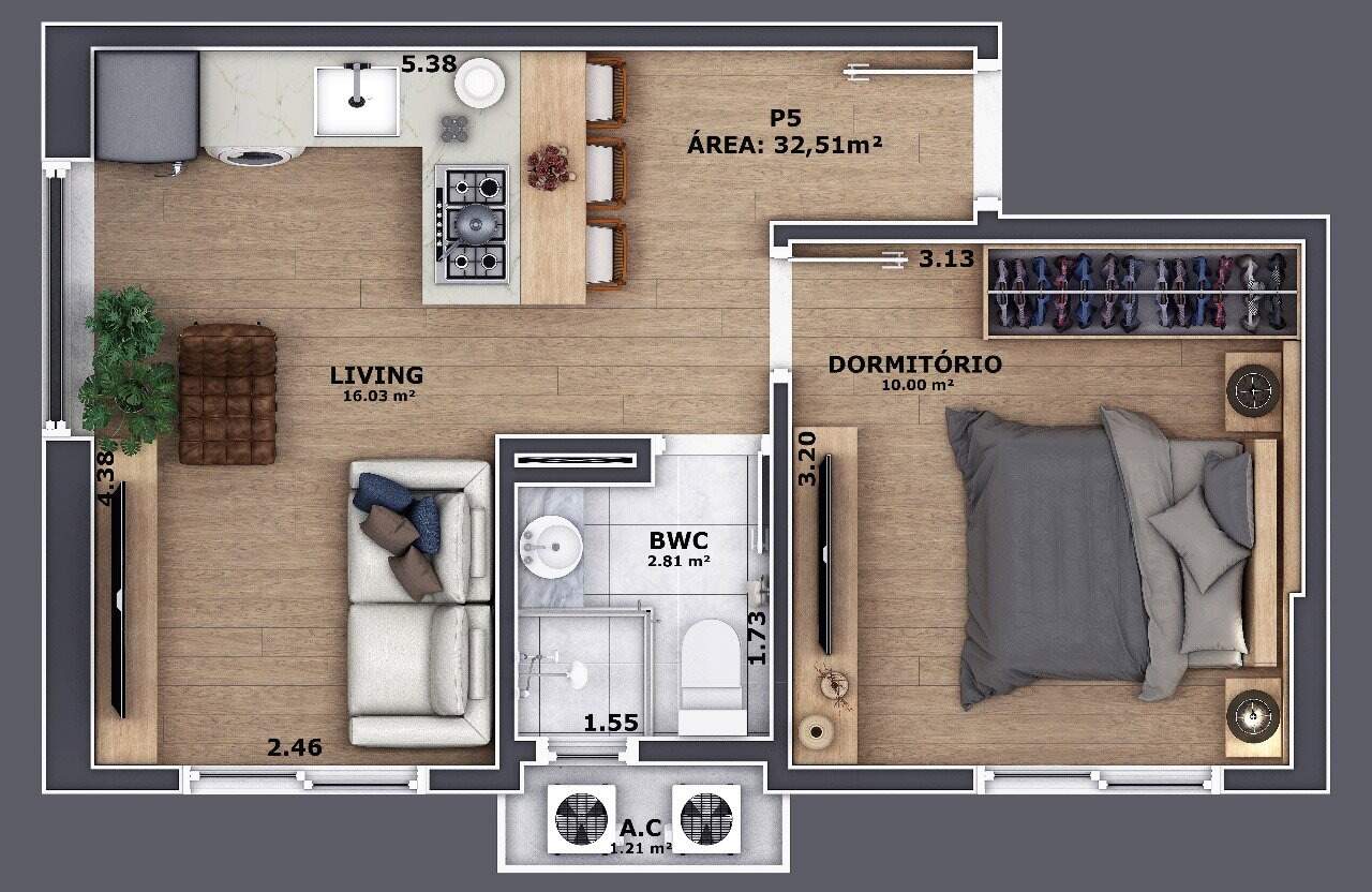 Apartamento à venda no Centro: Planta do apartamento de 1 dormitório com 32 m²