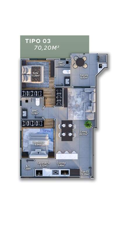 Apartamento à venda no Centro: Planta do apartamento de 2 dormitórios com 70 m²