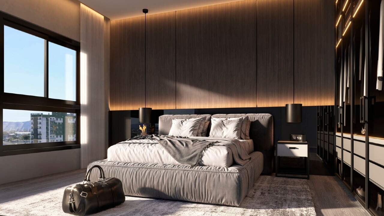 Apartamento à venda no Centro: Suíte com cama de casal e iluminação indireta (imagem ilustrativa)