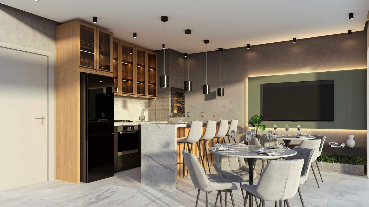 Apartamento à venda no Centro: Cozinha integrada ao living com mesa de jantar (imagem ilustrativa)