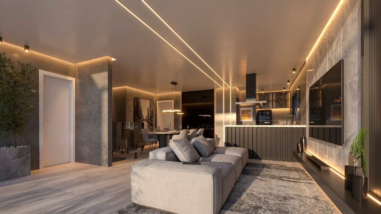 Apartamento à venda no Centro: Living com sofá e painel de TV (imagem ilustrativa)