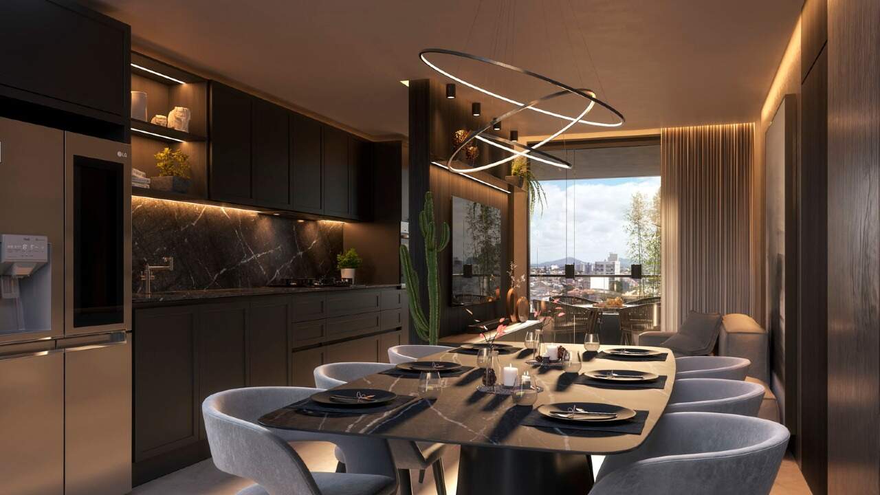 Apartamento à venda no Centro: Sala de jantar com a cozinha ao fundo (imagem ilustrativa)