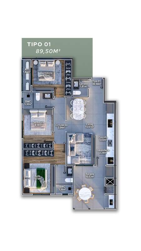 Apartamento à venda no Centro: Planta do apartamento de 3 dormitórios com 89 m²