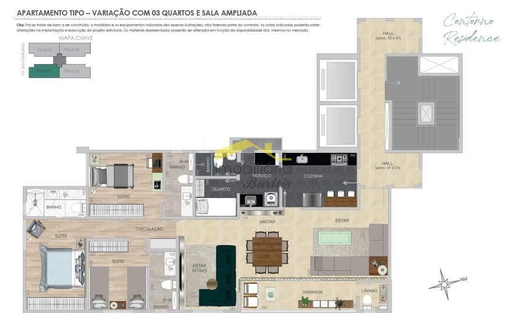Apartamento à venda no Lourdes: Planta Apto Tipo com 3 Quartos e Sala Ampliada
