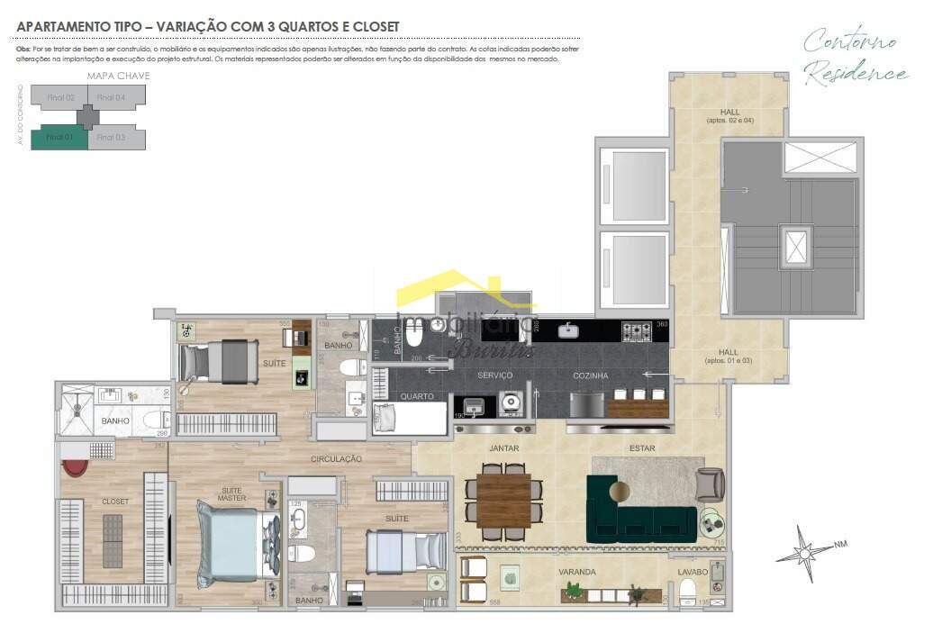 Apartamento à venda no Lourdes: Planta Apto Tipo com 3 Quartos e Closet