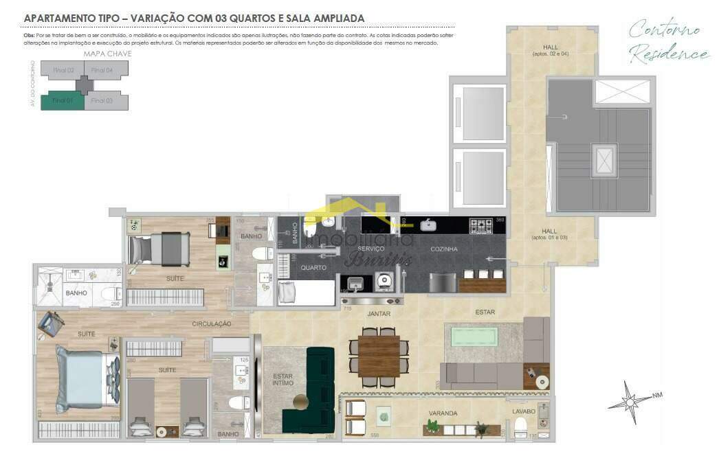 Apartamento à venda no Lourdes: Planta Apto Tipo com 3 Quartos e Sala Ampliada